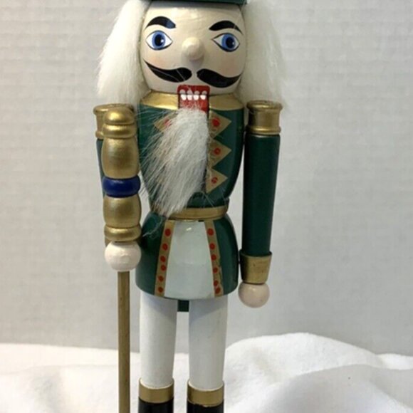 Fire King Handbags - Christmas Green King w/Gold Crown Nutcracker Wooden 9.5" Tall Moving Mouth